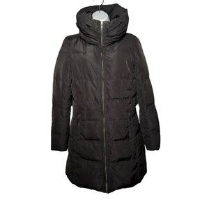 Zara Slim Fitted Down Long Jacket Coat Collar Belted Knee Length Black Size M